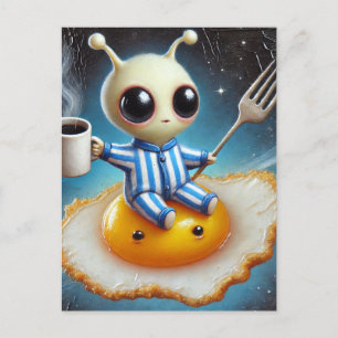 Carte Postale Un Alien amusant sur un oeuf frit dans l'espace