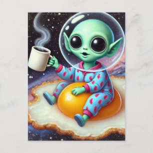Carte Postale Un Alien amusant sur un oeuf frit dans l'espace