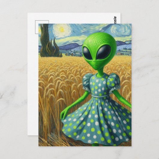Carte Postale Un Alien vert dans un champ de blé (Devant / Derrière)