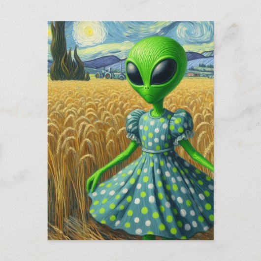Carte Postale Un Alien vert dans un champ de blé (Devant)