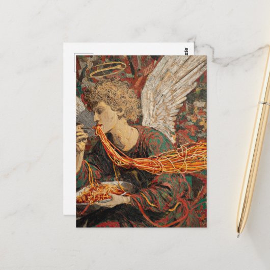 Carte Postale Un ange mangeant des spaghetti (Devant/Arrière en situation)