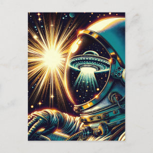 Carte Postale Un astronaute avec la réflexion d'un OVNI
