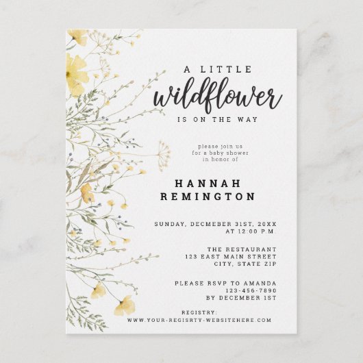 Carte Postale Un Baby shower D'Aquarelle Jaune Un Peu Fleur sauv (Devant)