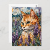 Carte Postale Un beau chat gingembre dans un champ de lavande (Devant / Derrière)