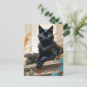 Carte Postale Un beau chat noir aux cheveux longs (Debout devant)