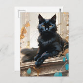 Carte Postale Un beau chat noir aux cheveux longs (Devant / Derrière)