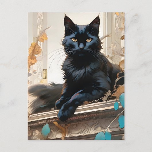 Carte Postale Un beau chat noir aux cheveux longs (Devant)
