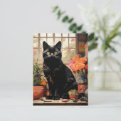 Carte Postale Un beau chat noir dans les plantes domestiques (Debout devant)