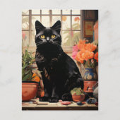Carte Postale Un beau chat noir dans les plantes domestiques (Devant)