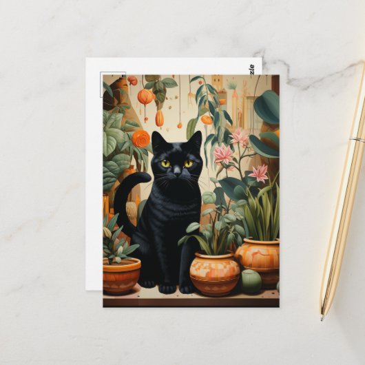 Carte Postale Un beau chat noir Pose comme une plante domestique (Devant/Arrière en situation)