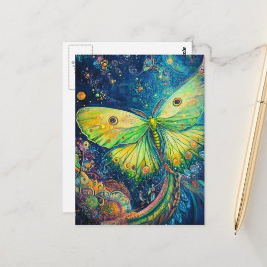Carte Postale Un beau papillon de nuit vert (Devant/Arrière en situation)