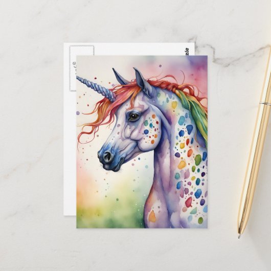 Carte Postale Un bel arc-en-ciel Appaloosa Unicorn (Devant/Arrière en situation)