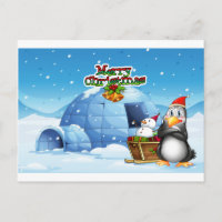 Un bonhomme de neige et un pingouin devant l'igloo