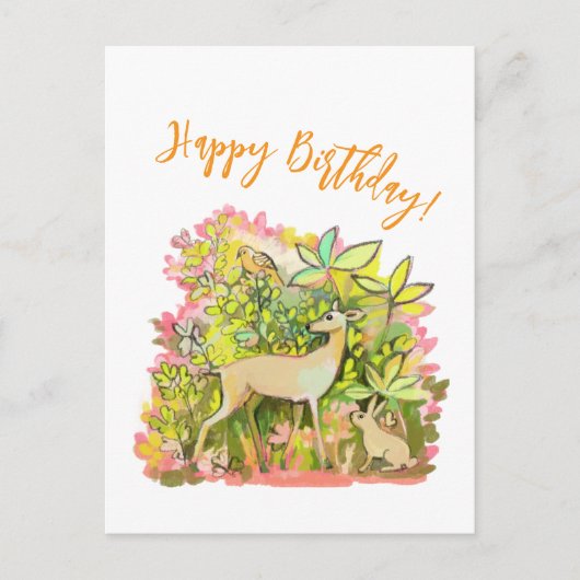 Carte Postale Un cerf, un lapin et des amis oiseaux peignent (Devant)