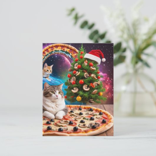 Carte Postale Un chapeau de Noël amusant Pizza Cats (Debout devant)