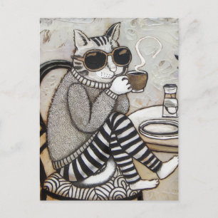 Carte Postale Un Chat Adorable Avec Café Encaustic