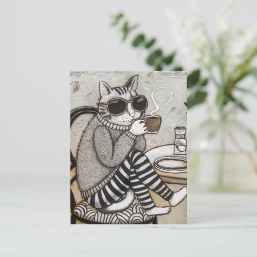 Carte Postale Un Chat Adorable Avec Café Encaustic (Debout devant)
