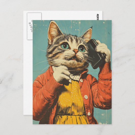 Carte Postale Un chat adorable de style rétro sur son téléphone  (Devant / Derrière)