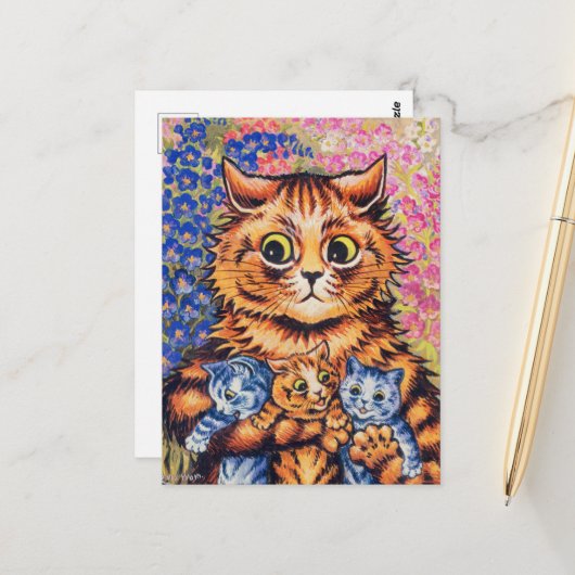 Carte Postale Un chat avec ses chatons par Louis Wain (Devant/Arrière en situation)