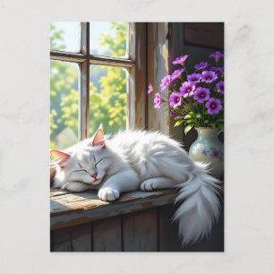 Carte Postale Un chat blanc bouffant qui se couche sur le fond d