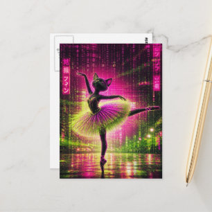 Carte Postale Un chat de ballet néon dans la ville cyberpunk