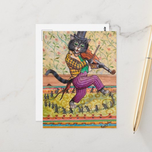 Carte Postale Un chat jouant au Fiddle par Louis Wain (Devant/Arrière en situation)