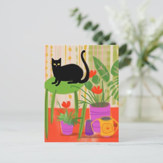 Carte Postale Un Chat Noir Avec Des Usines (Debout devant)