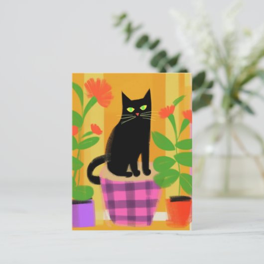 Carte Postale Un Chat Noir Cute Avec Plante (Debout devant)