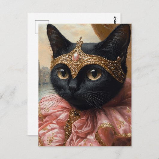Carte Postale Un chat noir royal en rose et or (Devant / Derrière)