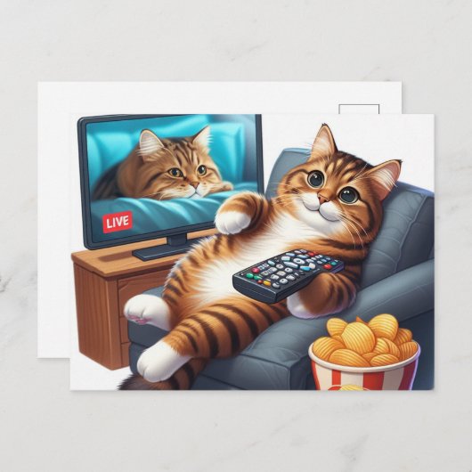 Carte Postale Un chat patate de canapé mignon regarde la télévis (Devant / Derrière)