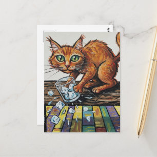Carte Postale Un chat roux renverse un verre de glace