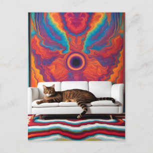 Carte Postale Un chat sur un canapé blanc psychédélique coloré u