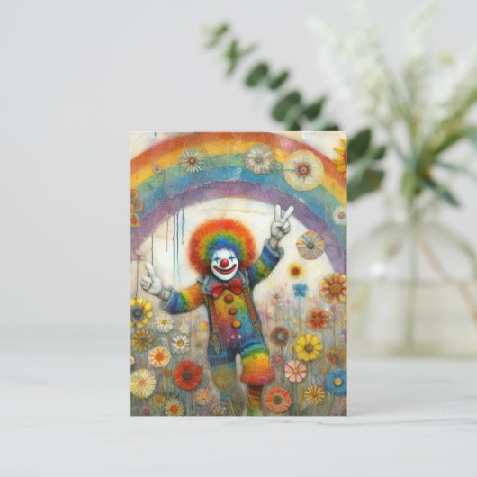 Carte Postale Un clown mignon dans une prairie arc-en-ciel (Debout devant)