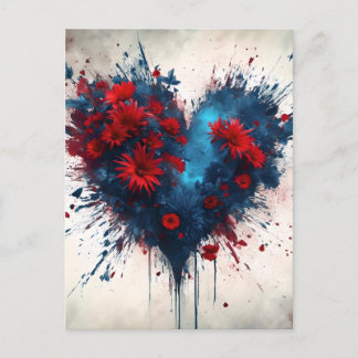 Carte Postale Un coeur bleu éclatant avec des fleurs rouges