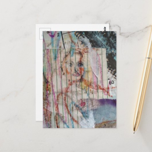 Carte Postale Un collage en techniques mixtes avec un visage jol (Devant/Arrière en situation)