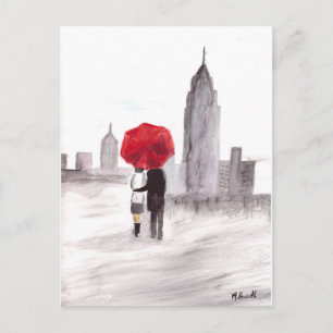 Carte Postale Un couple d'amour à New York avec parapluie rouge