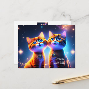 Carte Postale Un couple de chats mignons sous le ciel étoilé -