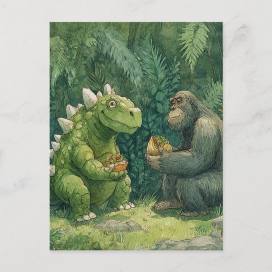 Carte Postale Un Dino Manger un Salon de Taco avec une Gorilla (Devant)