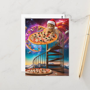 Carte Postale Un drôle de chapeau de Noël surréaliste Pizza Cat