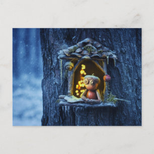 Carte Postale Un elfe de maïs regardant par la fenêtre l'hiver