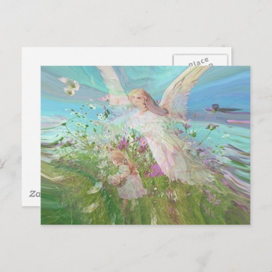 Carte Postale Un enfant ramasse des fleurs dans un champ. (Devant / Derrière)