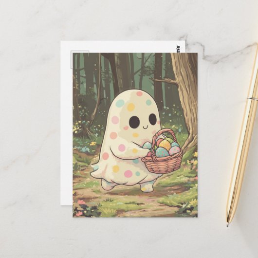 Carte Postale Un Fantôme à points de Polka avec un panier d'oeuf (Devant/Arrière en situation)