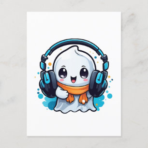 Carte Postale Un fantôme mignon et éffrayant avec écouteurs