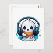 Carte Postale Un fantôme mignon et éffrayant avec écouteurs (Devant / Derrière)