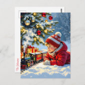 Carte Postale Un garçon et son train de Noël (Devant / Derrière)