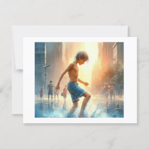 Carte Postale Un garçon se baladant dans City Puddle,