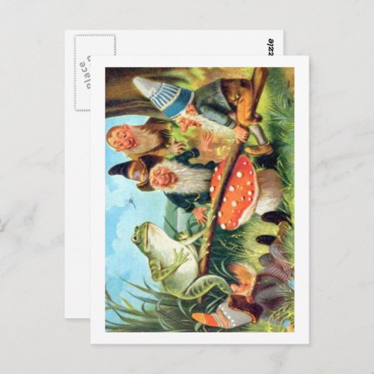 Carte Postale Un Gnome et une grenouille sur une scie de champig (Devant / Derrière)