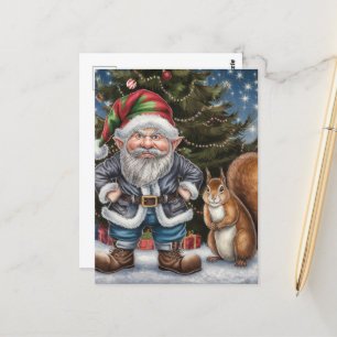 Carte Postale Un Gnome grincheux et Noël des écureuils