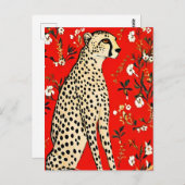 Carte Postale Un guépard sur fond rouge avec des fleurs (Devant / Derrière)