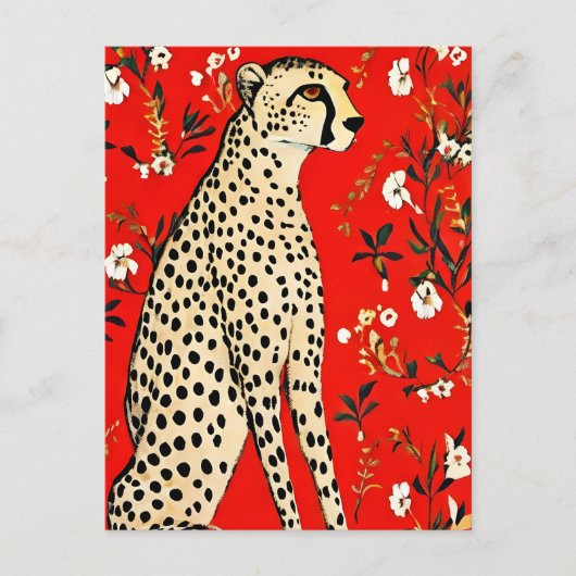 Carte Postale Un guépard sur fond rouge avec des fleurs (Devant)